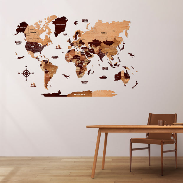 3D Wooden Texture World Map For Wall