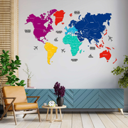 2D Prismatic Wooden World Map For Wall