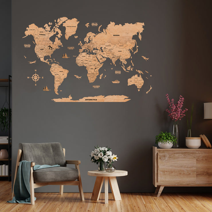 2D Maple Wooden World Map For Wall
