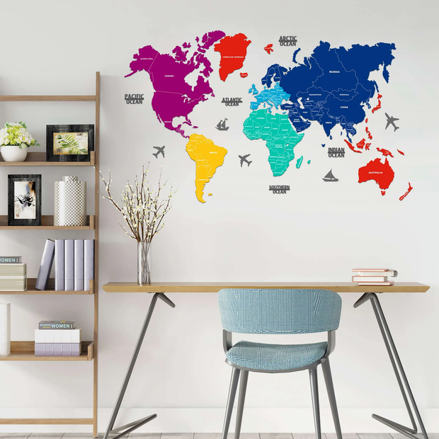 2D Prismatic Wooden World Map For Wall