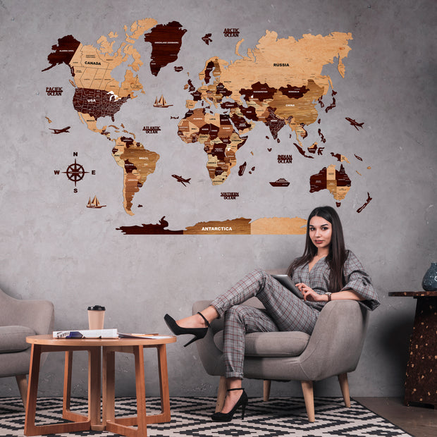 3D Wooden Texture World Map For Wall