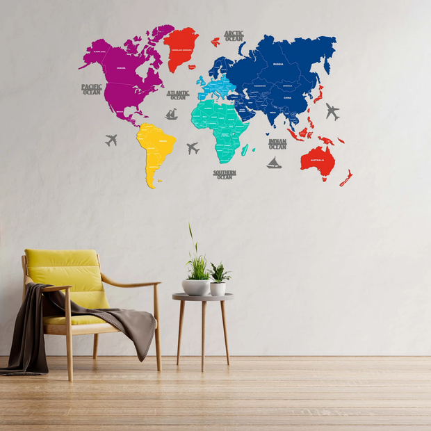 2D Prismatic Wooden World Map For Wall