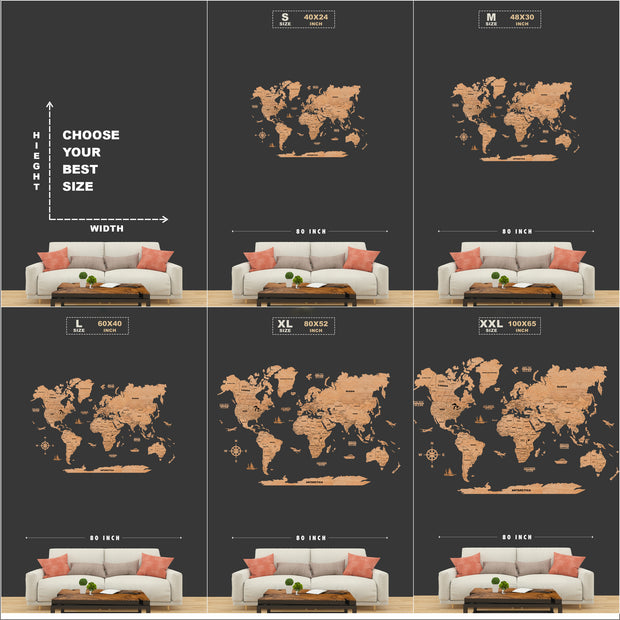 2D Maple Wooden World Map For Wall