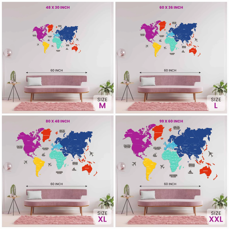 2D Prismatic Wooden World Map For Wall