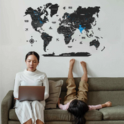 2D Black & Blue Wooden World Map For Wall