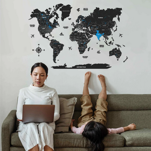 2D Black & Blue Wooden World Map For Wall