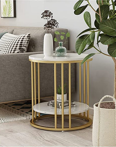 ROUND SHAPE SIDE TABLE IN GOLDEN FINISH WITH DUAL MARBLE