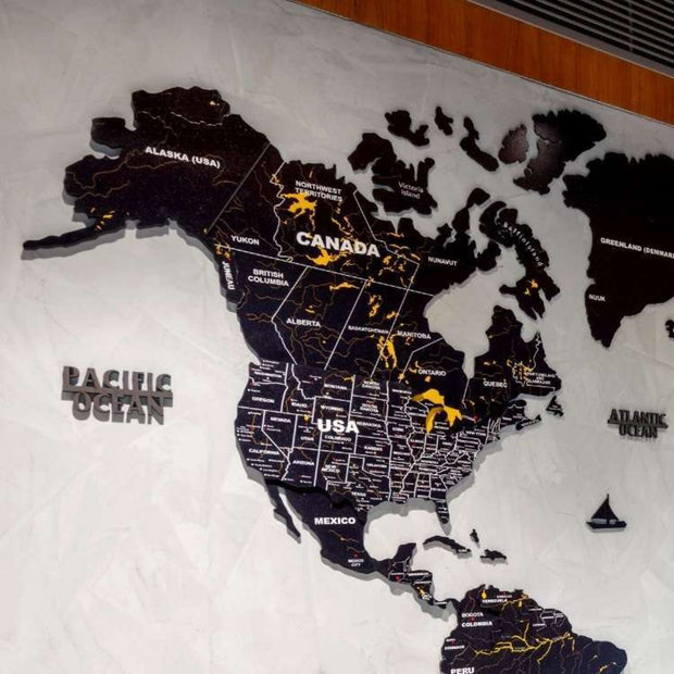 3D Black & Yellow Wooden World Map For Wall