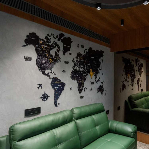 3D Black & Yellow Wooden World Map For Wall