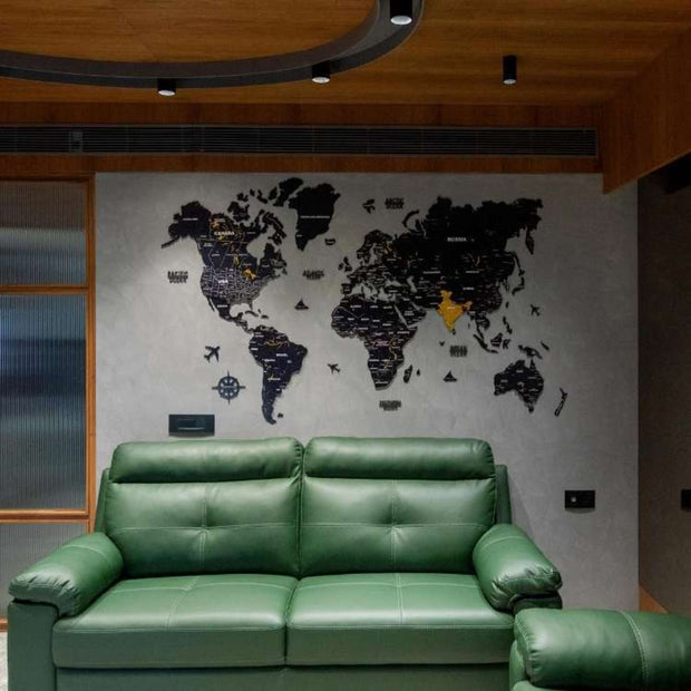 3D Black & Yellow Wooden World Map For Wall
