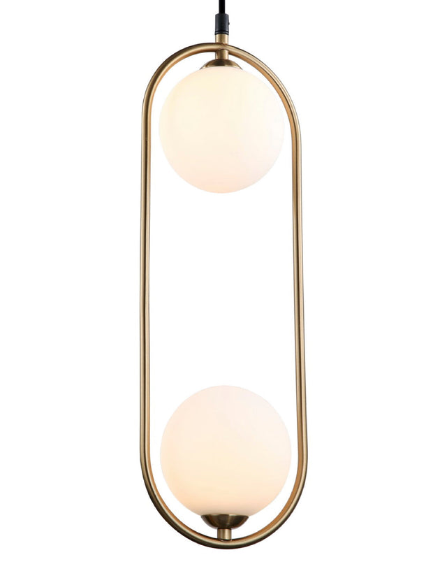 EXQUISITE BRASS DOUBLE BALL PENDENT WITH MILKY WHITE SPHERICAL LIGHTS
