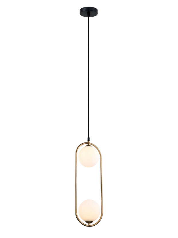 EXQUISITE BRASS DOUBLE BALL PENDENT WITH MILKY WHITE SPHERICAL LIGHTS