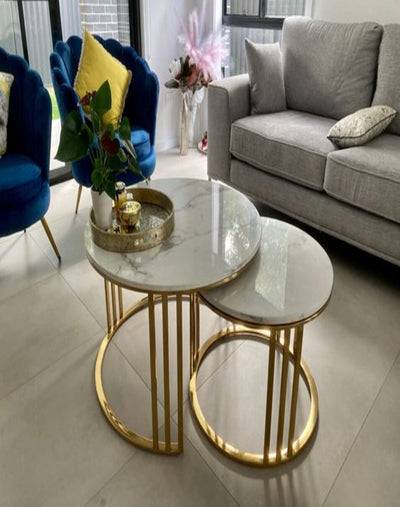 ROUND ORNATE GOLDEN COCKTAIL TABLE WITH DOUBLE MARBLE (Set of 2)