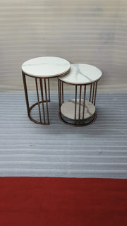 ROUND ORNATE GOLDEN COCKTAIL TABLE WITH DOUBLE MARBLE (Set of 2)