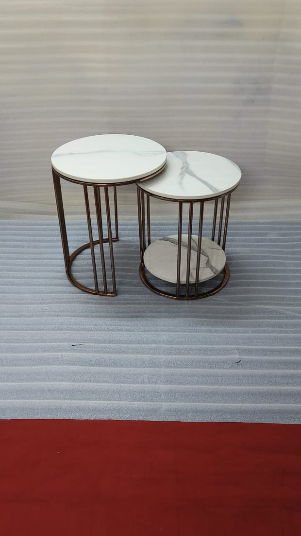 ROUND ORNATE GOLDEN COCKTAIL TABLE WITH DOUBLE MARBLE (Set of 2)