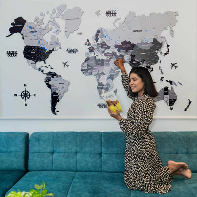 3D Black and Grey Wooden World Map For Wall