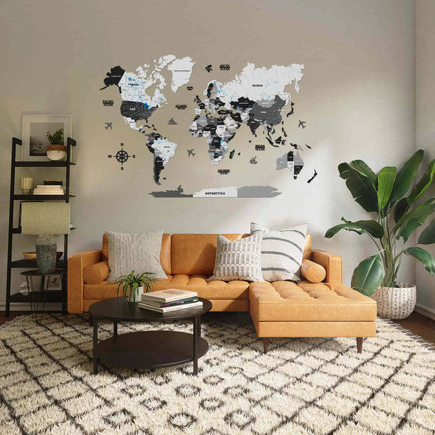 3D Black and Grey Wooden World Map For Wall