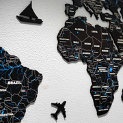 2D Black & Blue Wooden World Map For Wall