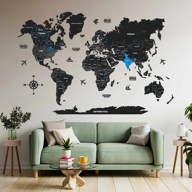 2D Black & Blue Wooden World Map For Wall