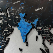 2D Black & Blue Wooden World Map For Wall