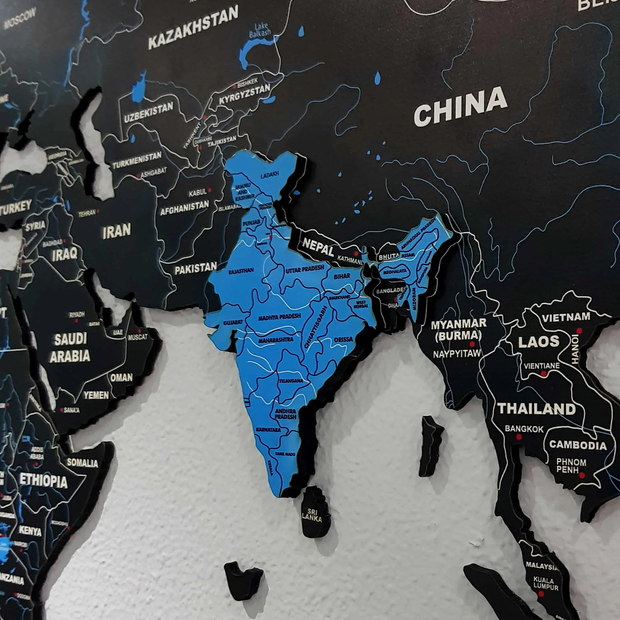 2D Black & Blue Wooden World Map For Wall
