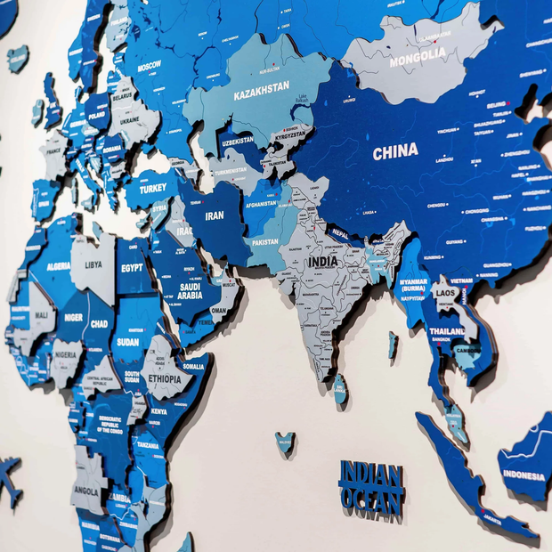 3D Tory Blue Wooden World Map For Wall