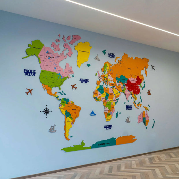 3D Colorful Wooden World Map For Wall