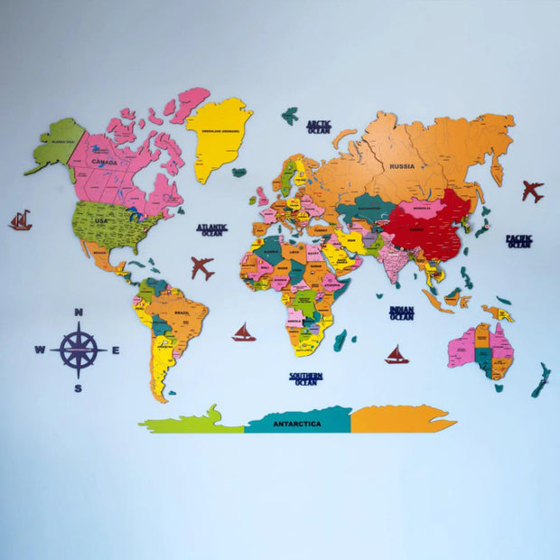 3D Colorful Wooden World Map For Wall