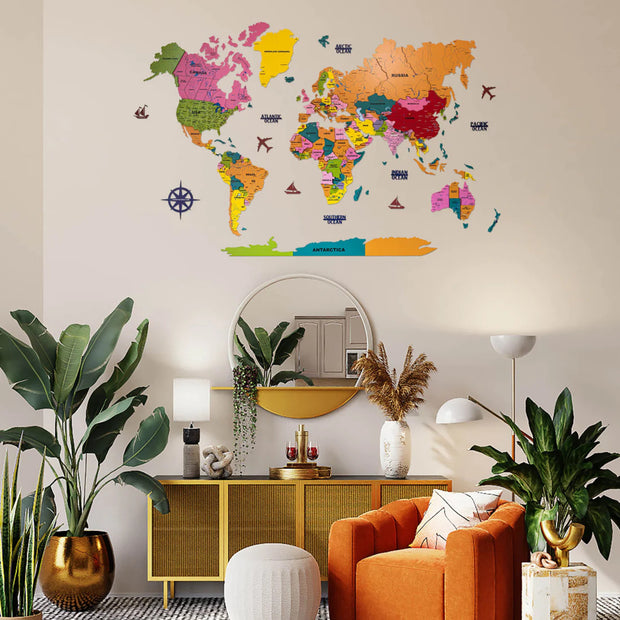 3D Colorful Wooden World Map For Wall