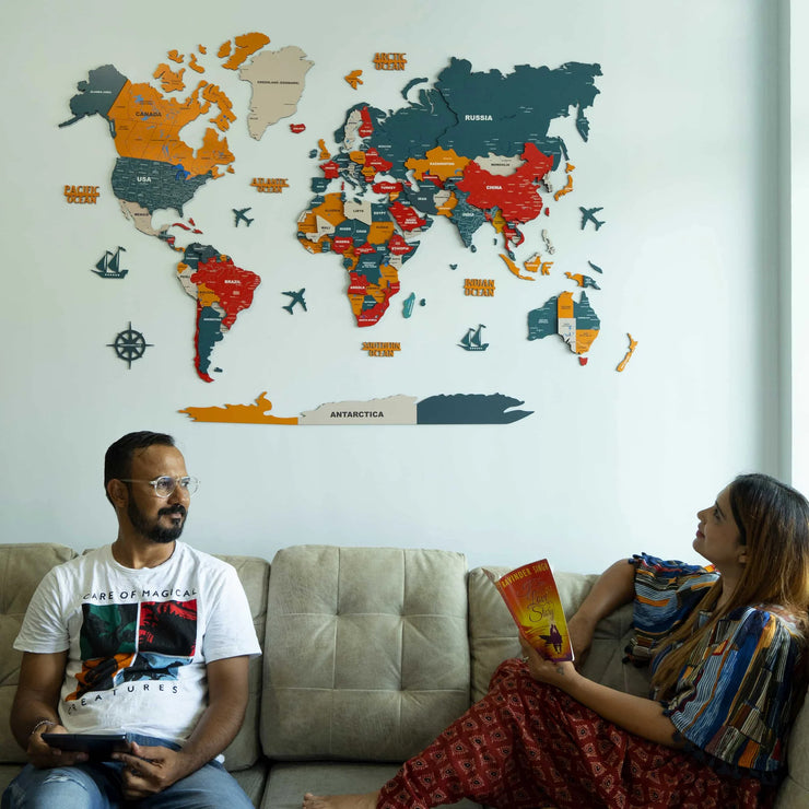 3D Pine Wooden World Map For Wall