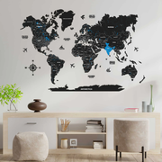 2D Black & Blue Wooden World Map For Wall