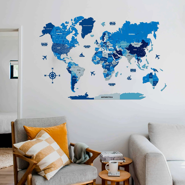 3D Tory Blue Wooden World Map For Wall
