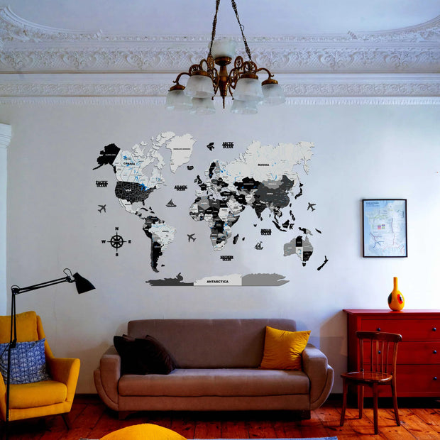 3D Black and Grey Wooden World Map For Wall