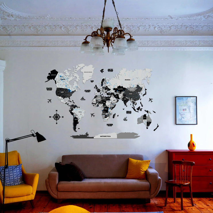 3D Black and Grey Wooden World Map For Wall