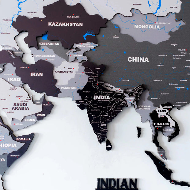 3D Black and Grey Wooden World Map For Wall