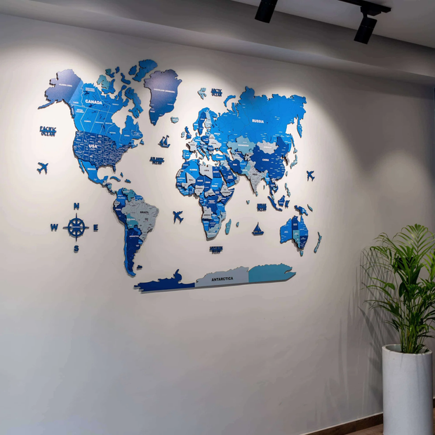 3D Tory Blue Wooden World Map For Wall