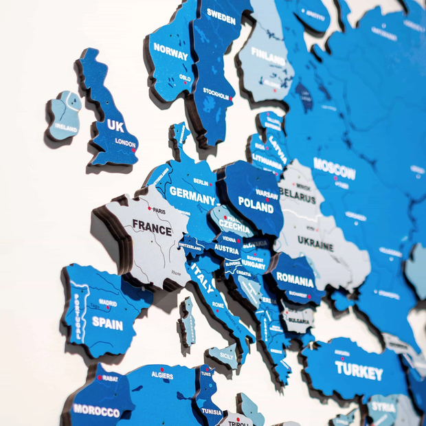 3D Tory Blue Wooden World Map For Wall