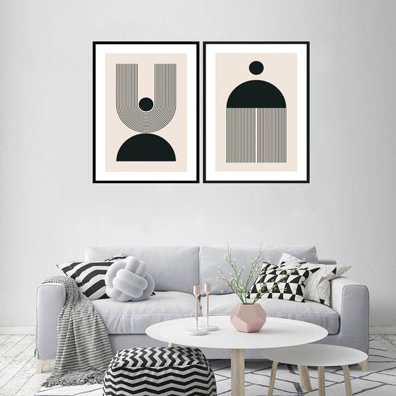 AUSTERE GEOMETRIC PICTURE FRAMES IN BLACK AND WHITE WITH GLASS- SET OF 2