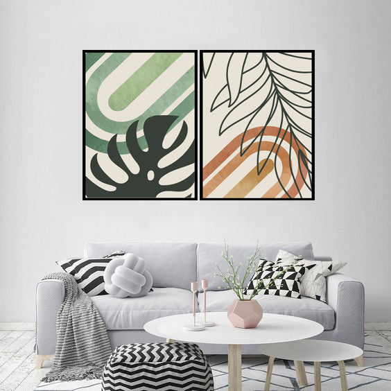 GEOMETRIC TROPICAL LEAVES ART FRAMES WITH GLASS-SET OF 2