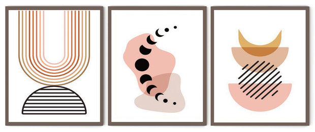 SET OF MINIMALISTIC GEOMETRIC ABSTRACT WALL PAINTINGS WITH GLASS-SET OF 3