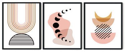 SET OF MINIMALISTIC GEOMETRIC ABSTRACT WALL PAINTINGS WITH GLASS-SET OF 3