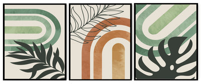 GREENISH MUSTARD COMBO OF GEOMETRICAL ART FRAMES WITH GLASS-SET OF 3