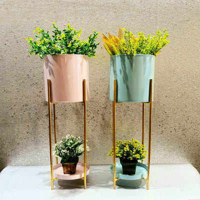 INDOOR ANTIQUE LARGE CERAMIC & METAL PLANTER