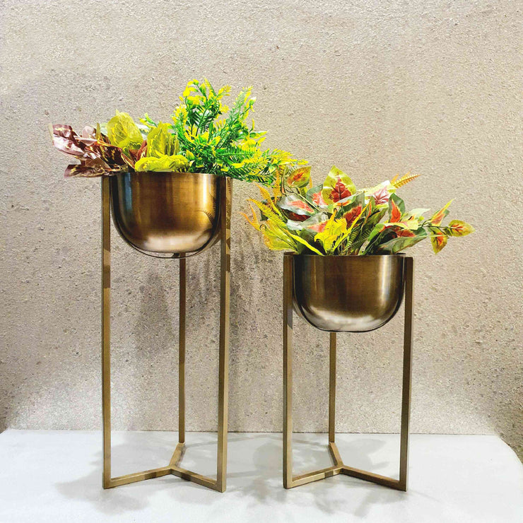 ANTIQUE GOLD METALLIC CYLINDRICAL PLANTER