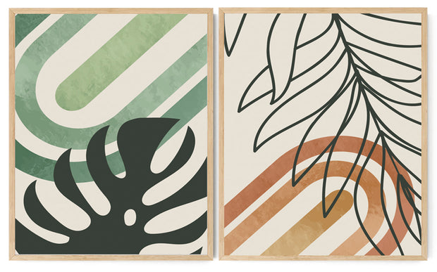 GEOMETRIC TROPICAL LEAVES ART FRAMES WITH GLASS-SET OF 2