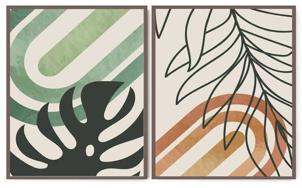 GEOMETRIC TROPICAL LEAVES ART FRAMES WITH GLASS-SET OF 2