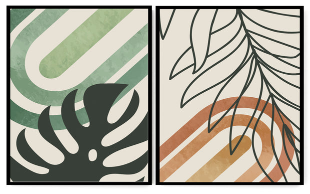 GEOMETRIC TROPICAL LEAVES ART FRAMES WITH GLASS-SET OF 2