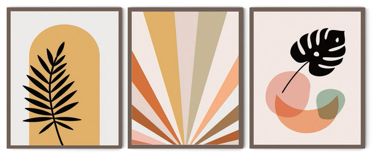 MONSTERA BOTANICAL ABSTRACT LEAF PAINTINGS WITH GLASS-SET OF 3