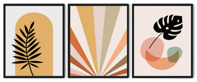MONSTERA BOTANICAL ABSTRACT LEAF PAINTINGS WITH GLASS-SET OF 3