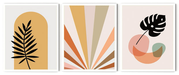 MONSTERA BOTANICAL ABSTRACT LEAF PAINTINGS WITH GLASS-SET OF 3